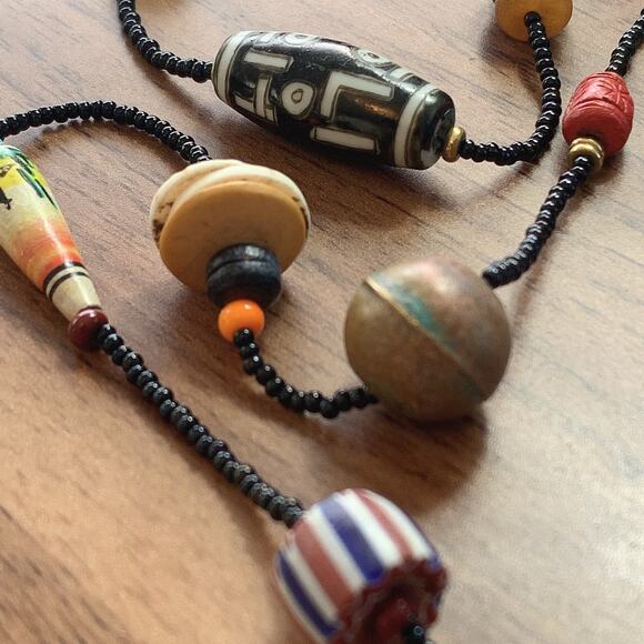 Vintage Artisan Beaded Necklace Mixed Glass Wood Ceramic Boho Trade Bead Jewelry - Picture 12 of 16